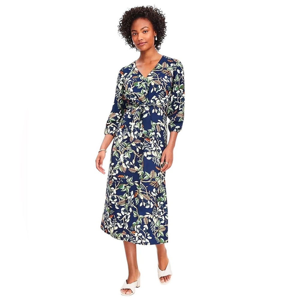 LOFT Navy Botanical Tie-Waist Midi Dress